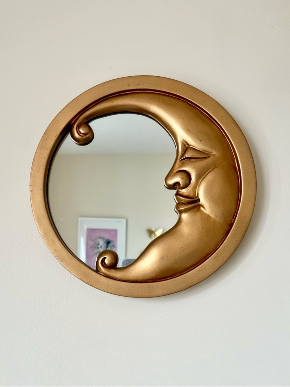Vintage crescent moon mirror- almost 10” round, Y2K 90’s Decor